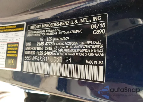 2015 Mercedes-Benz C 300 Luxury 4Matic from USA, damaged, VIN 55SWF4KB1FU063194